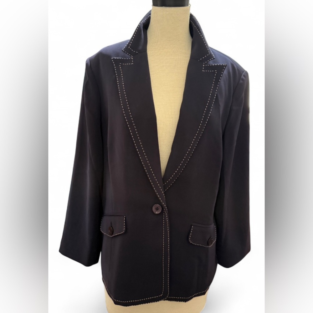 Jones New York Black Blazer White Stitching Women’s Size 16 Front Pocket Suit